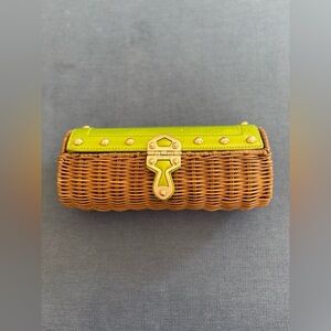 Michael Kors Santorini Woven Wicker Rattan Clutch Purse Lime Green Leather Trim